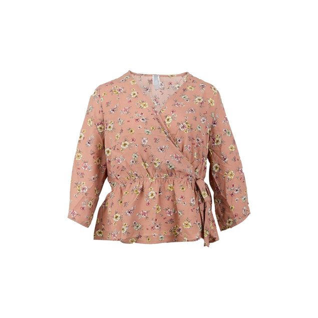 Blusa-We--Flores-Cuello-V-Elastico-En-Cintura-Manga-Tres-Cuartos-Para-Mujer