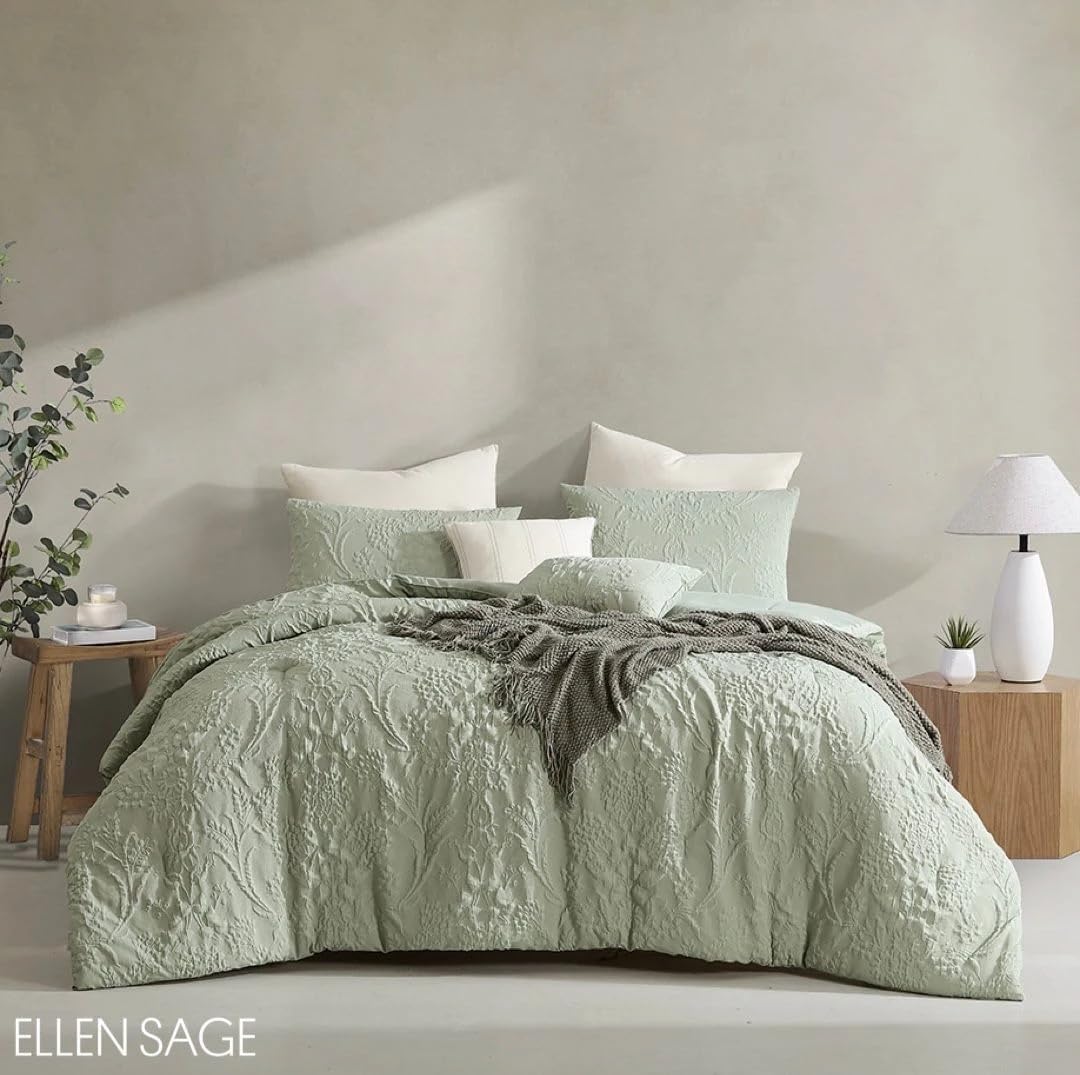 Set Edredón Ellen 8 pzas con Sábanas Verde  King Size  Fundas y Manta Extra Suave Bordado.-1