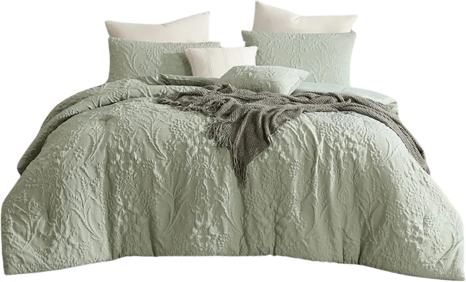 Set Edredón Ellen 8 pzas con Sábanas Verde  King Size  Fundas y Manta Extra Suave Bordado.